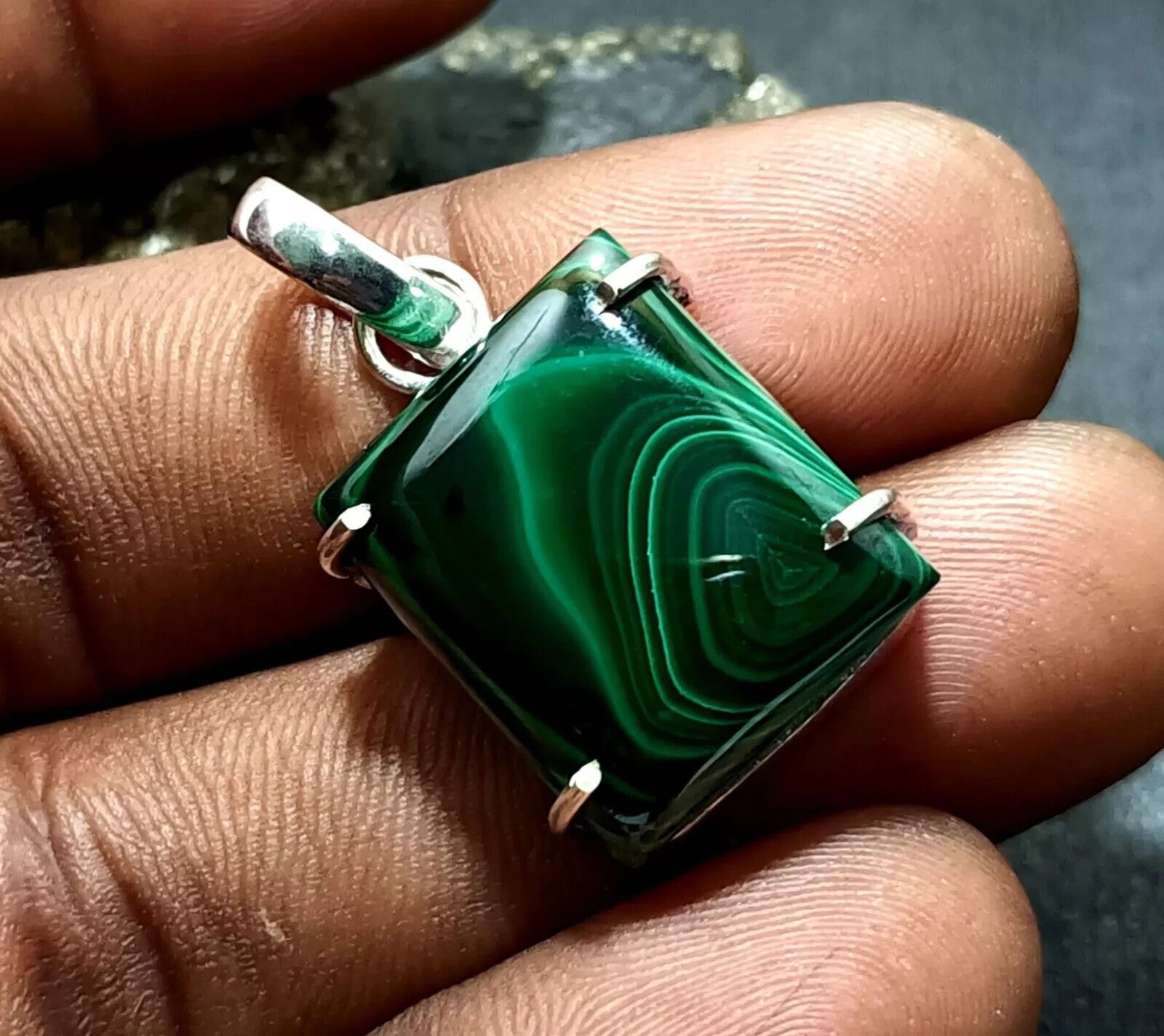 40.80 Natural Green Malachite Hand-Made Pendant In Solid Silver Certified A+Gems