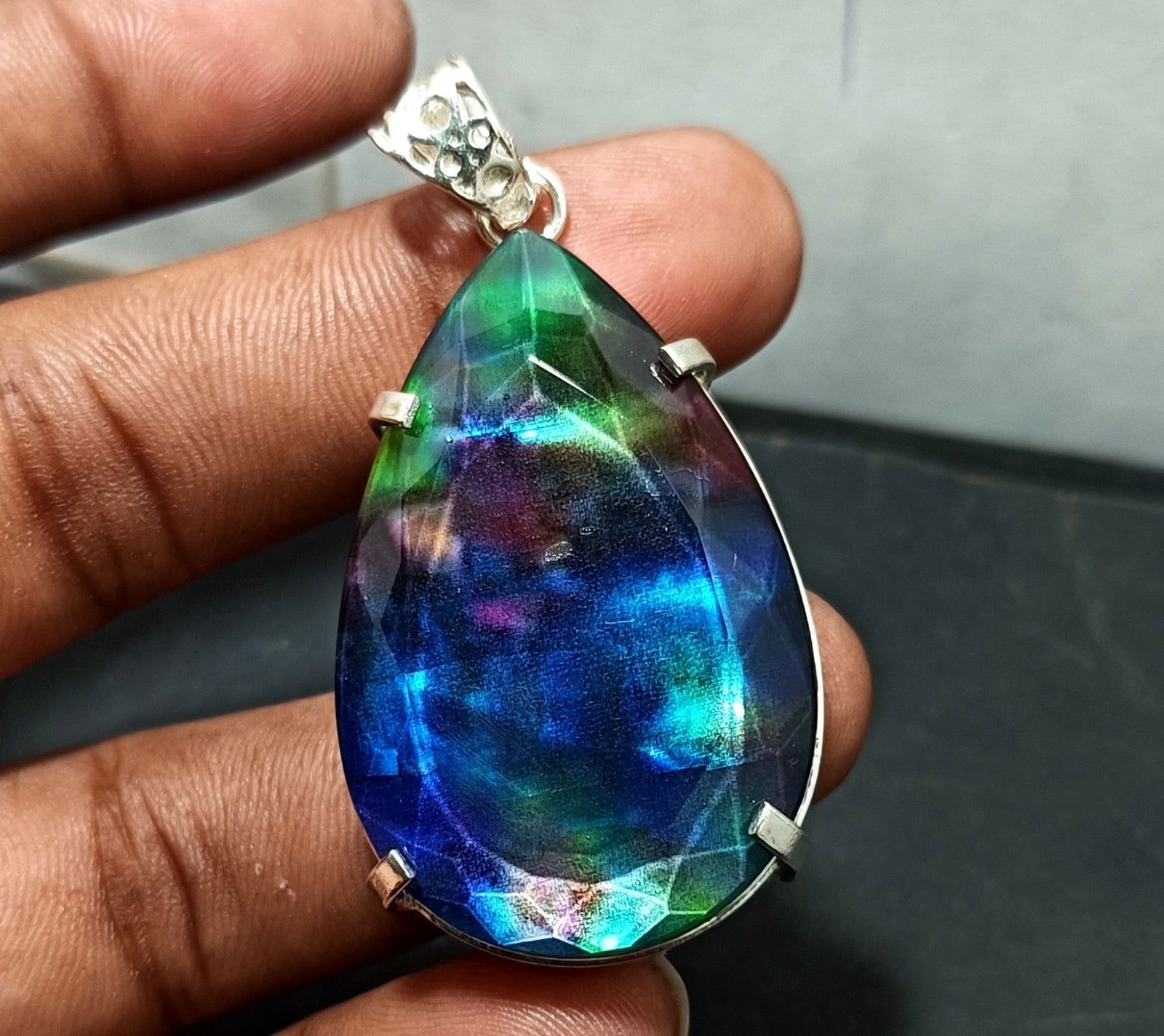Certified 91.35 Ct Natural Ammolite 925 Solid Silver Rainbow Pendant Gemstone
