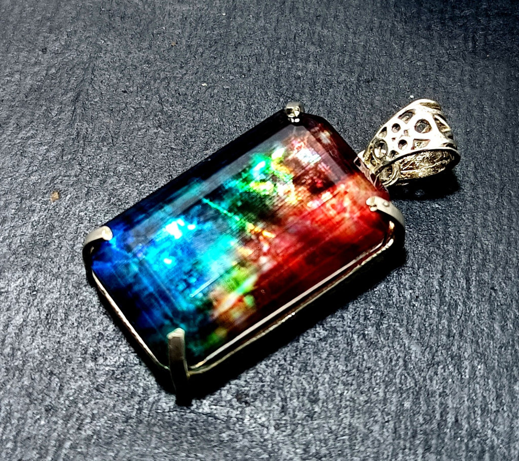 Certified 65.05Ct Natural Ammolite 925 Silver Emerald Cut Pendant Loose Gemstone