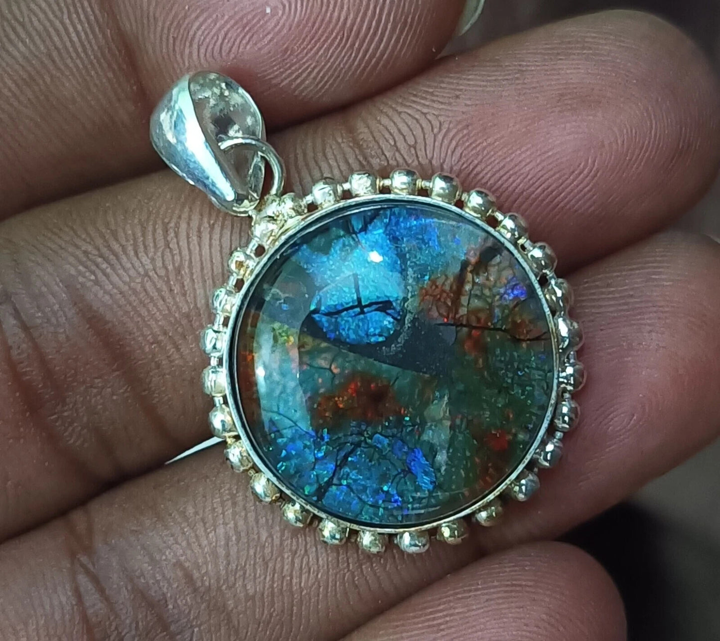 Sterling Silver Round Pendant 35.85 Ct Natural Monarch Fire Opal Certified Gems