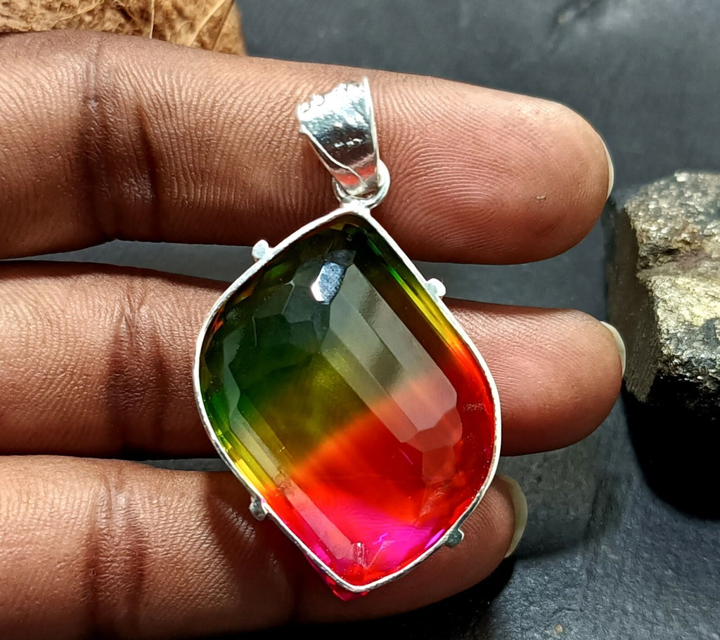 Bi-color Fancy Cut Certified Tourmaline 85 Ct+ Silver Pendant Gemstone