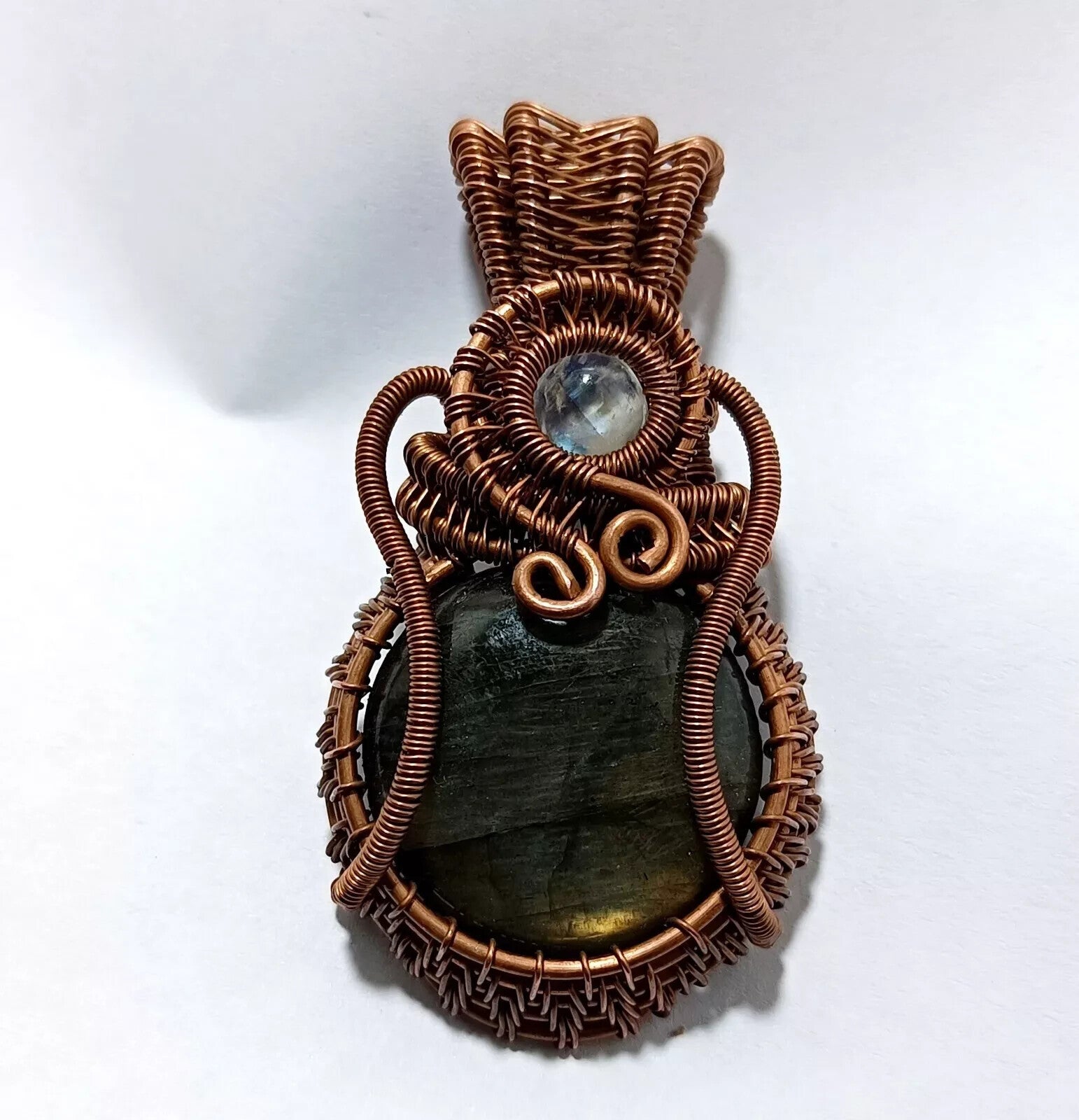 145.5 Ct Labradorite Wire Wrapped Pendant Handcrafted Copper Ethnic Gift 2.34"