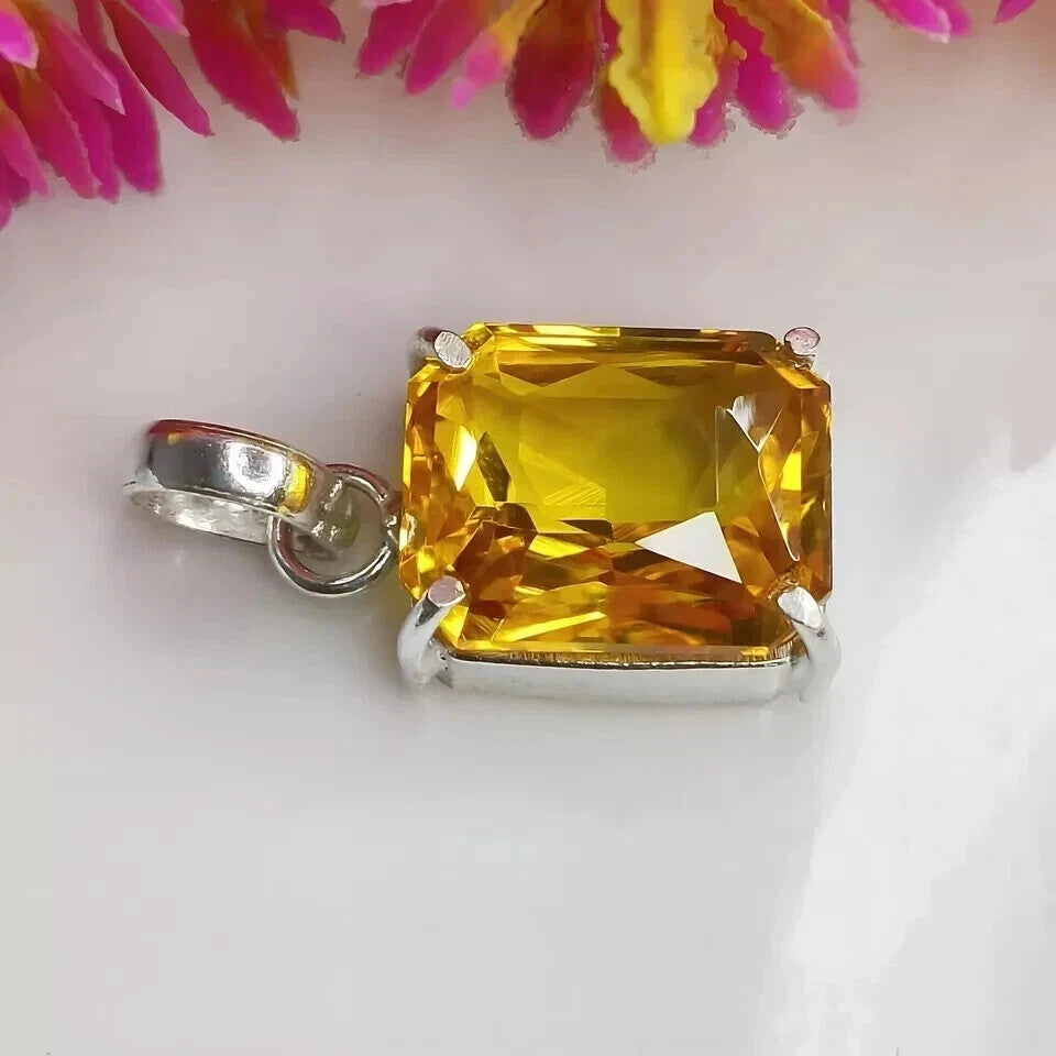28 Ct+ Natural Yellow Sapphire Emerald Cut 925 Solid Silver Pendant Gemstone