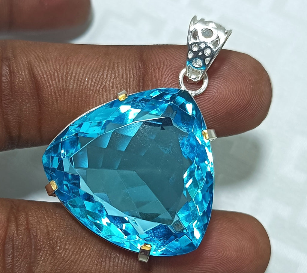 94.80 Ct Trillion Blue  Natural Topaz 925 Solid Silver Pendant Loose Gemstone