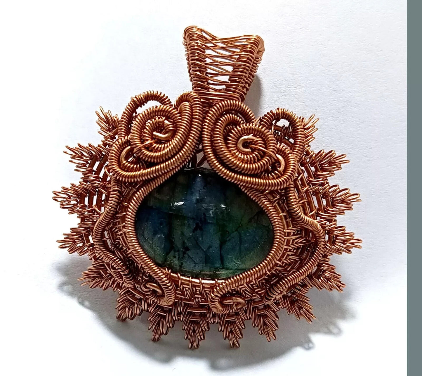 109.5 Ct Labradorite Wire Wrapped Pendant Handcrafted Copper Ethnic Gift 1.97"
