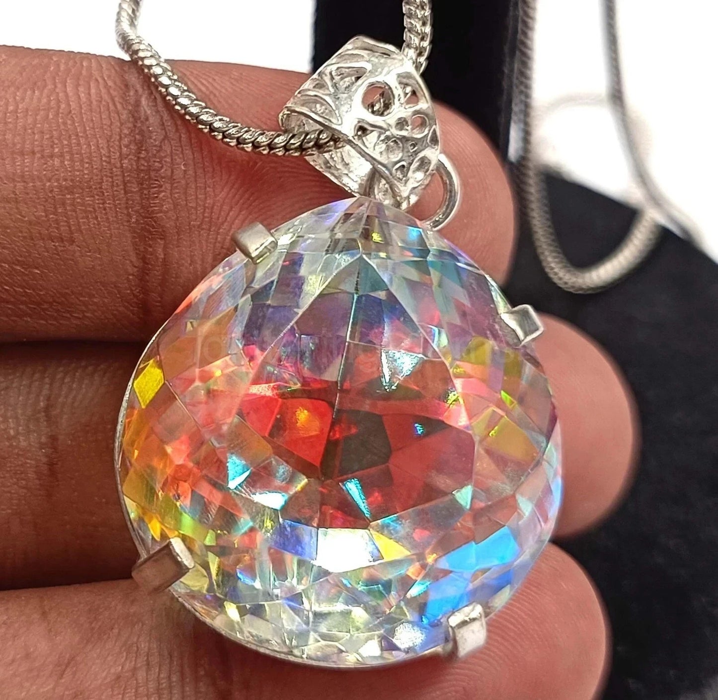 Natural Oval Mystic Topaz 58.15 Ct+ 925 Solid Silver Rainbow Pendant Gemstone