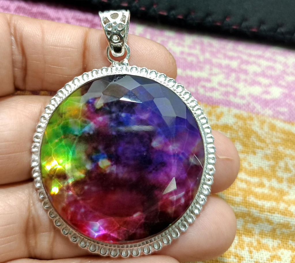 Certified Round Cut 118.50 Ct Natural Ammolite  Solid Silver Pendant Gemstone