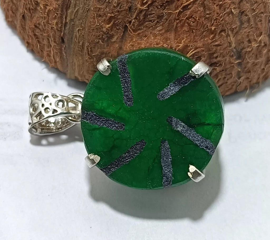 57.90Ct Natural Emerald Trapiche Solid Silver Round Pendant CERTIFIED Gemstone