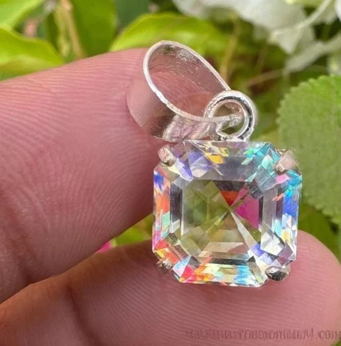 25.82 Ct Mystic Quartz Pendant – Certified Asscher Cut Rainbow Gem in 925 Silver