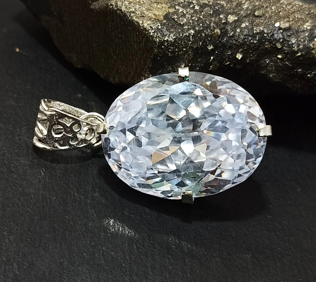 30 Ct Natural Brazilian Oval Cut White Zircon Pendant 925 Silver Gemstone