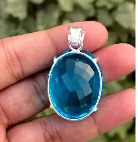 73 Ct+ Certified Natural Blue Oval Topaz 925 Solid Silver Pendant Gemstone