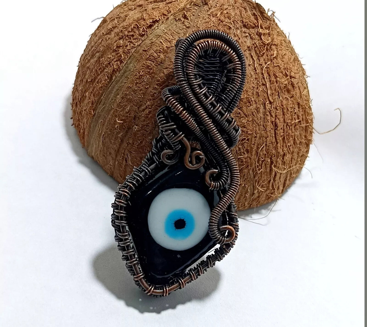 122.5 CT Black Color Evil Eye Gemstone Wire Wrapped Sister Pendant Copper 3.23'