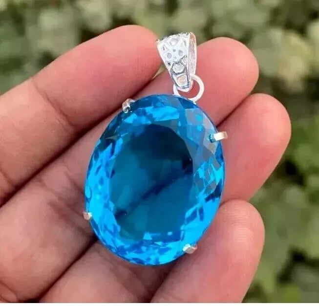 65 Ct+ Certified Natural Blue Oval Topaz 925 Solid Silver Pendant Gemstone