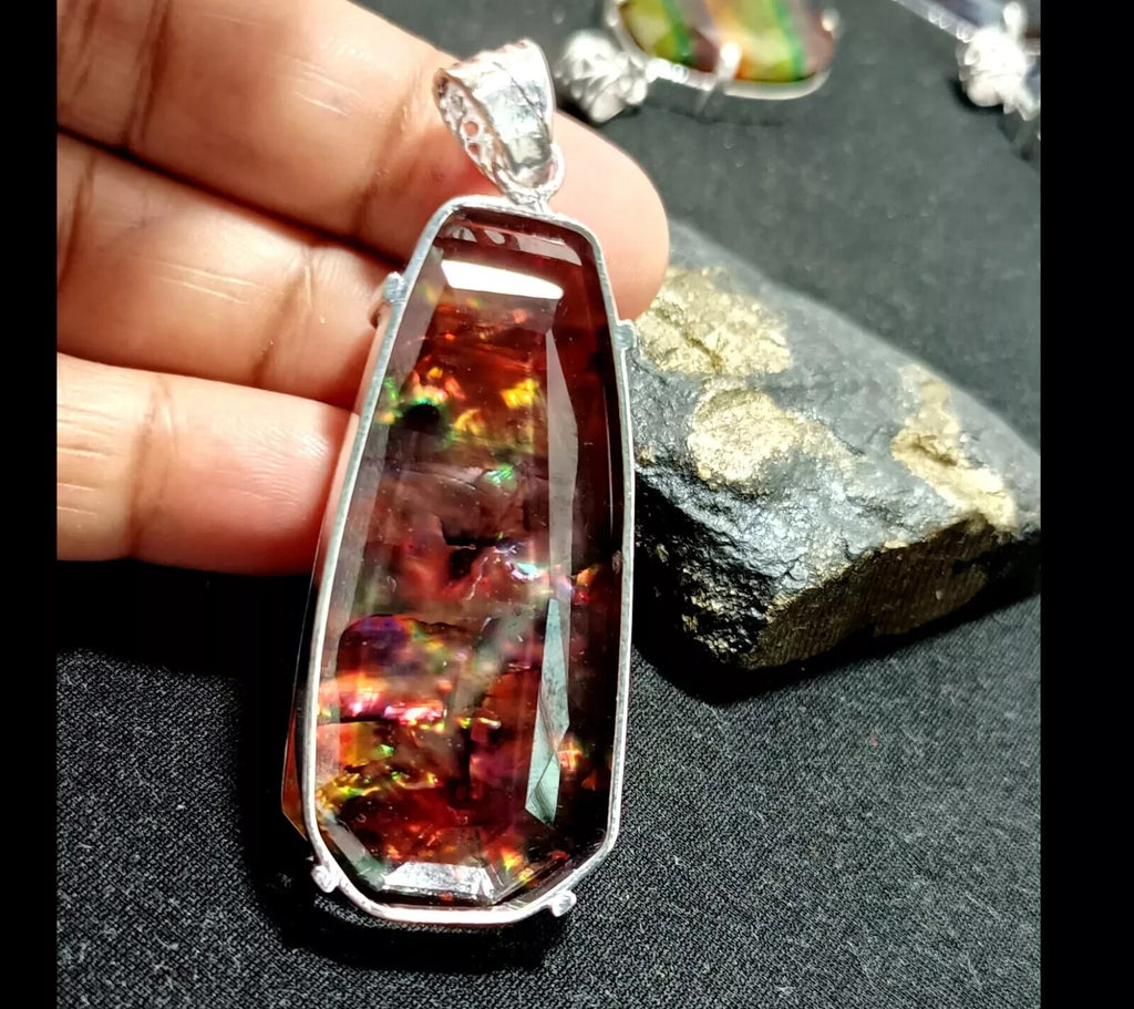 Certified 92.50 Ct Natural Ammolite 925 Solid Silver Rainbow Pendant Gemstone
