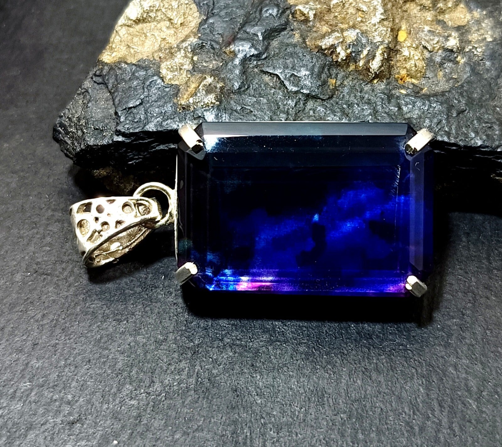 Certified 57.70Ct Natural Ammolite 925 Silver Emerald Cut Pendant Loose Gemstone