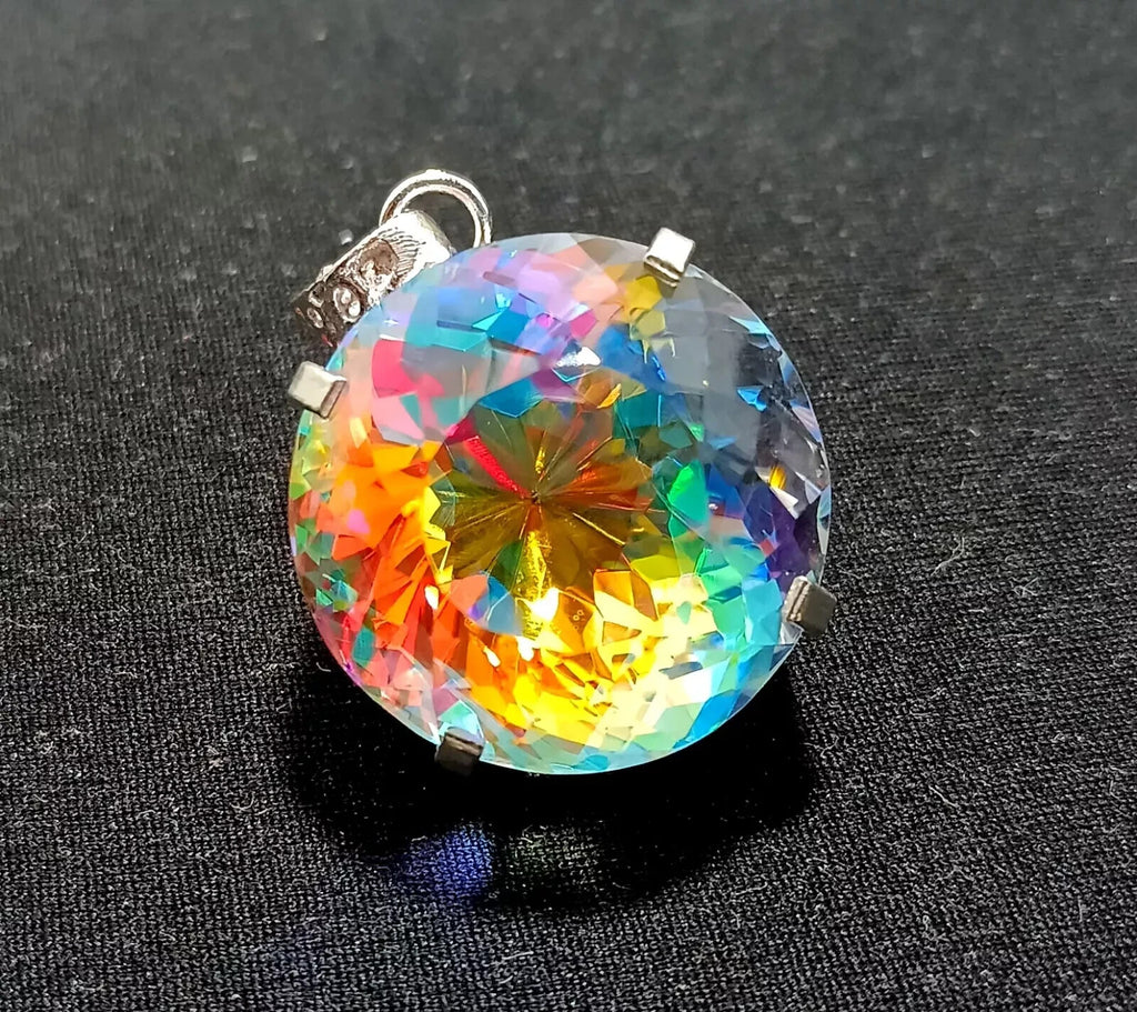 GIE Certified 86.20 Ct Round Natural Mystic Rainbow Pendant 925 Silver Jewelry
