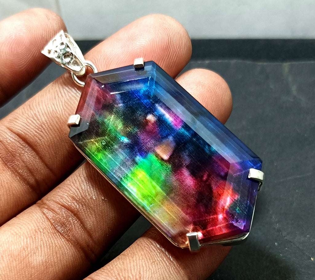 Certified 95.25Ct Natural Ammolite 925 Silver Fancy Cut Pendant Loose Gemstone