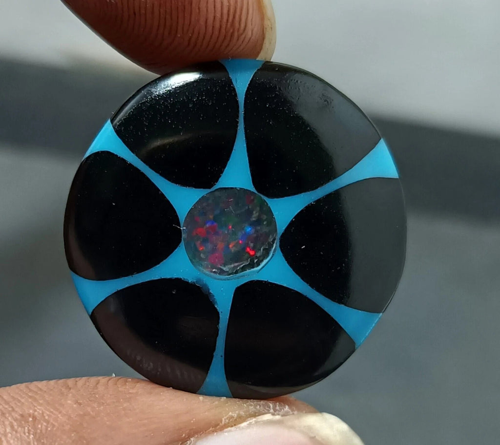 22.80 Ct Black &Blue Onyx Trapiche Fire Opal Inside Round Cut Loose Gemstone