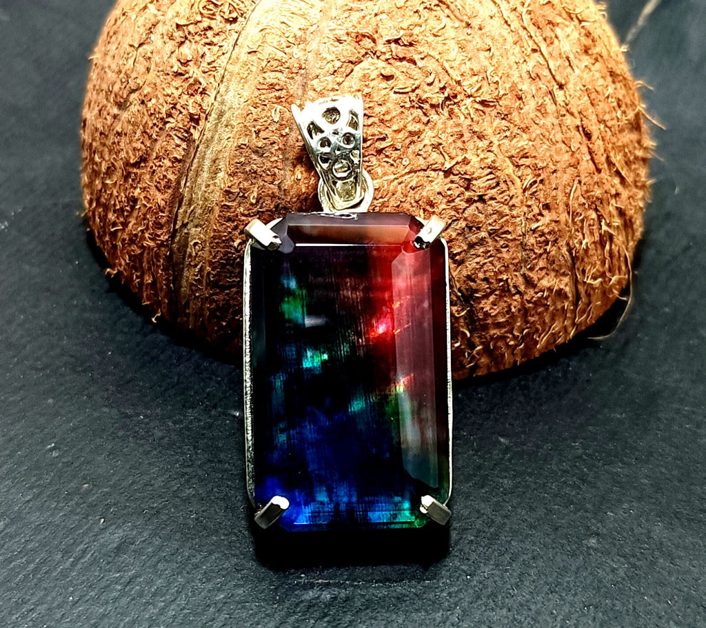 Certified 65.05Ct Natural Ammolite 925 Silver Emerald Cut Pendant Loose Gemstone