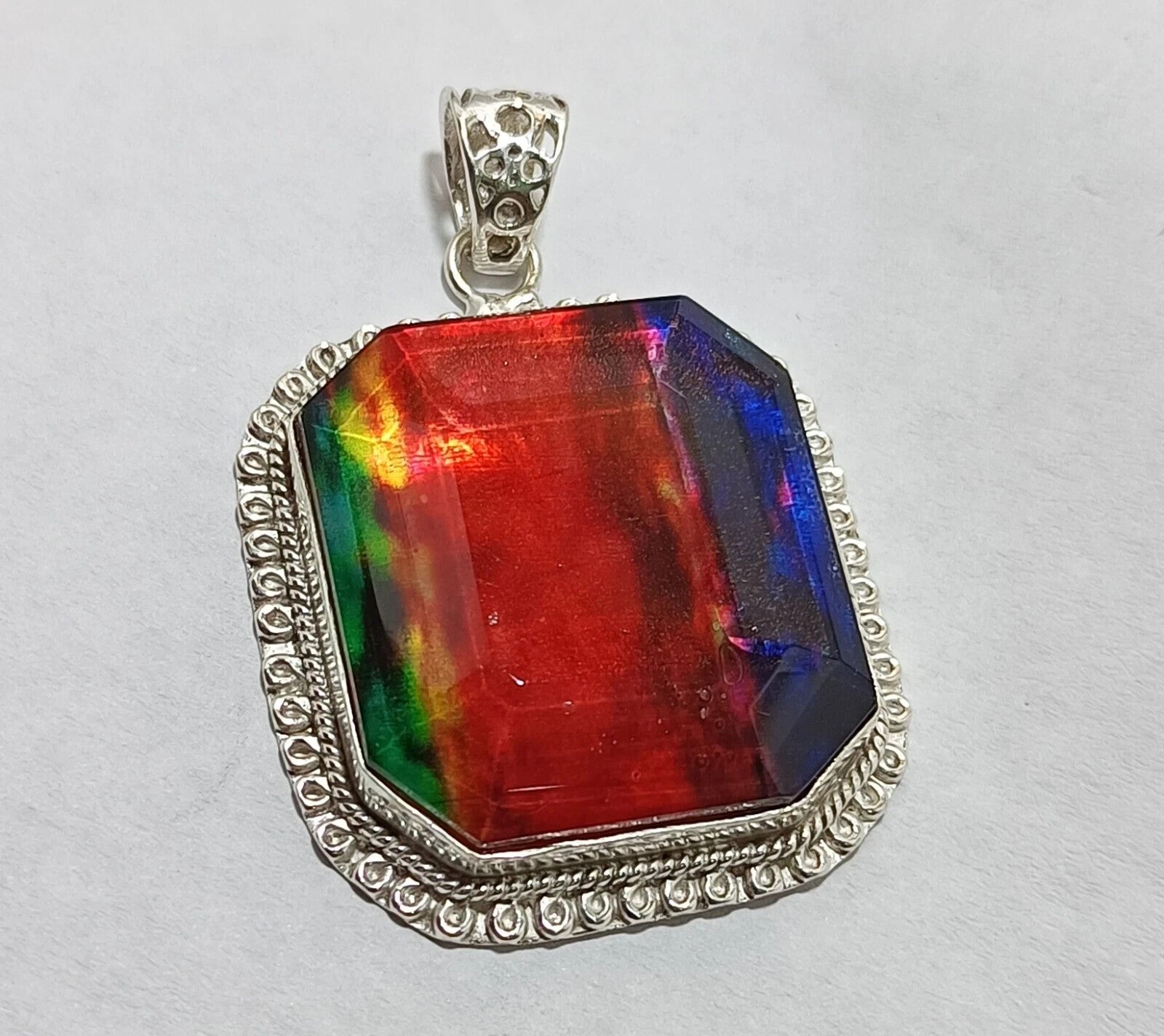 Certified 94.35 Ct Natural Ammolite 925 Solid Silver Rainbow Pendant Gemstone