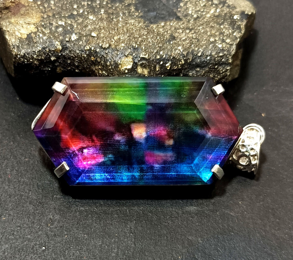 Certified 95.25Ct Natural Ammolite 925 Silver Fancy Cut Pendant Loose Gemstone