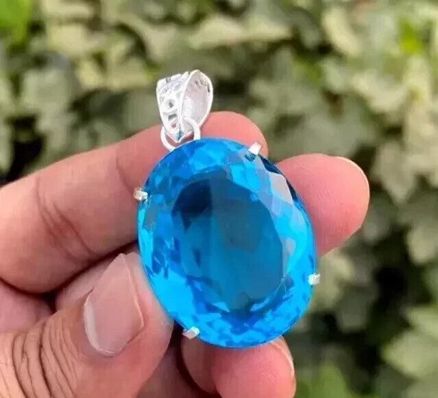 73 Ct+ Certified Natural Blue Oval Topaz 925 Solid Silver Pendant Gemstone