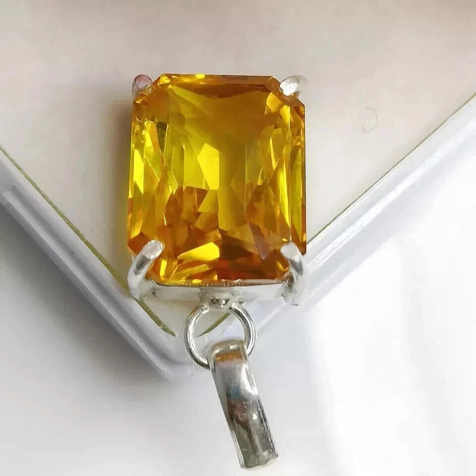 28 Ct+ Natural Yellow Sapphire Emerald Cut 925 Solid Silver Pendant Gemstone