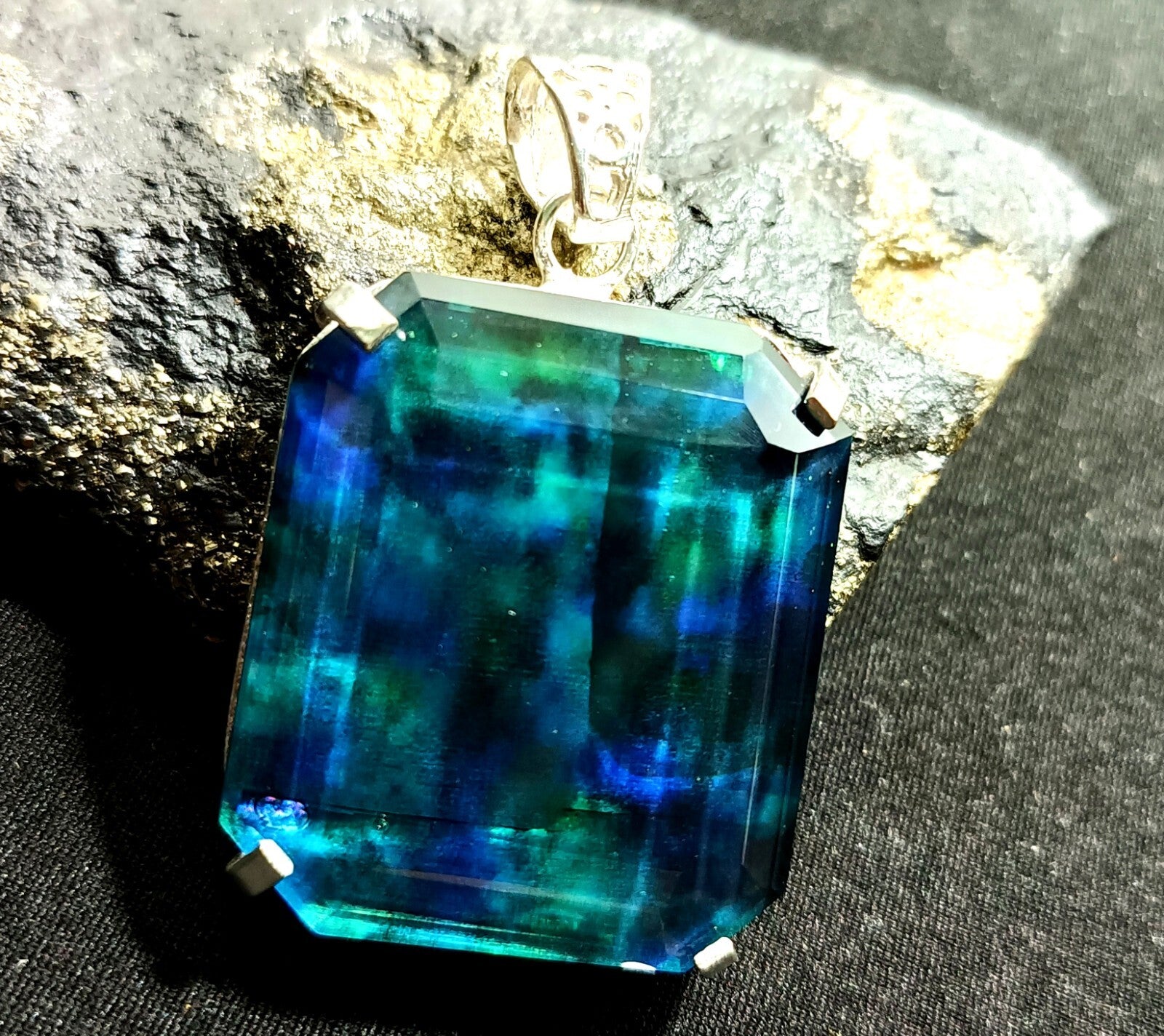 Certified Asscher Cut 95.50Ct Natural Ammolite 925 Solid Silver Pendant Gemstone