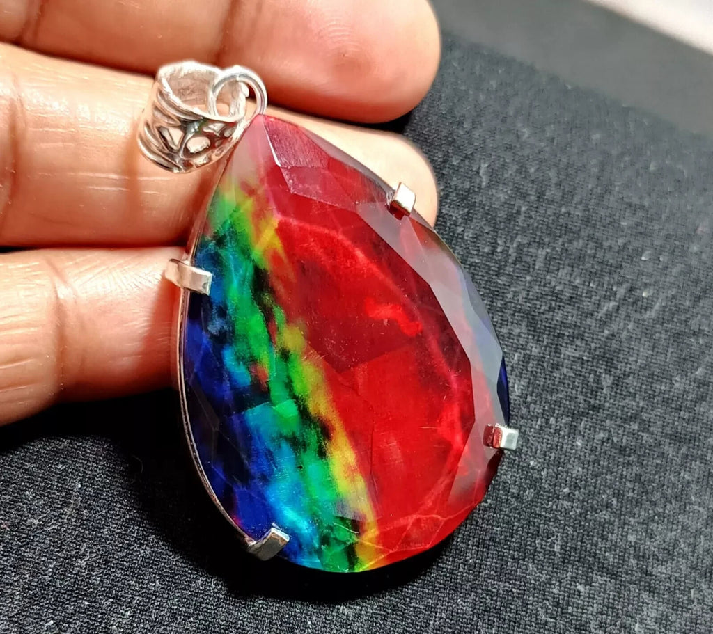 86.50 Ct Natural Ammolite 925 Solid Silver PENDANT MultiColor Certified Gemstone