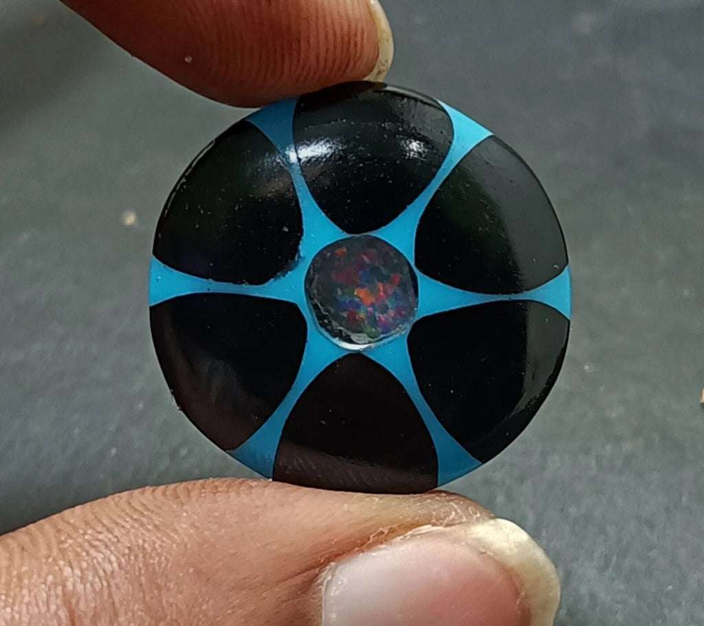 22.80 Ct Black &Blue Onyx Trapiche Fire Opal Inside Round Cut Loose Gemstone