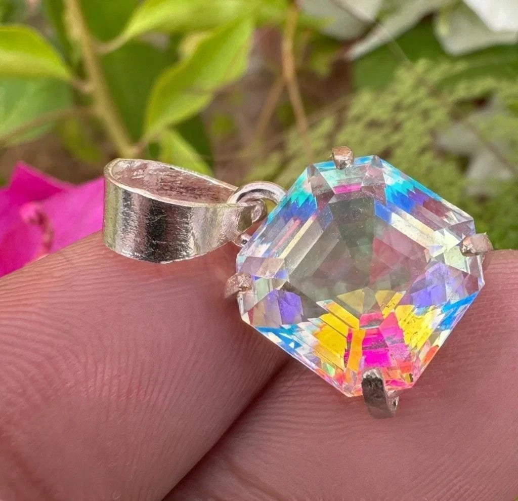 25.82 Ct Mystic Quartz Pendant – Certified Asscher Cut Rainbow Gem in 925 Silver