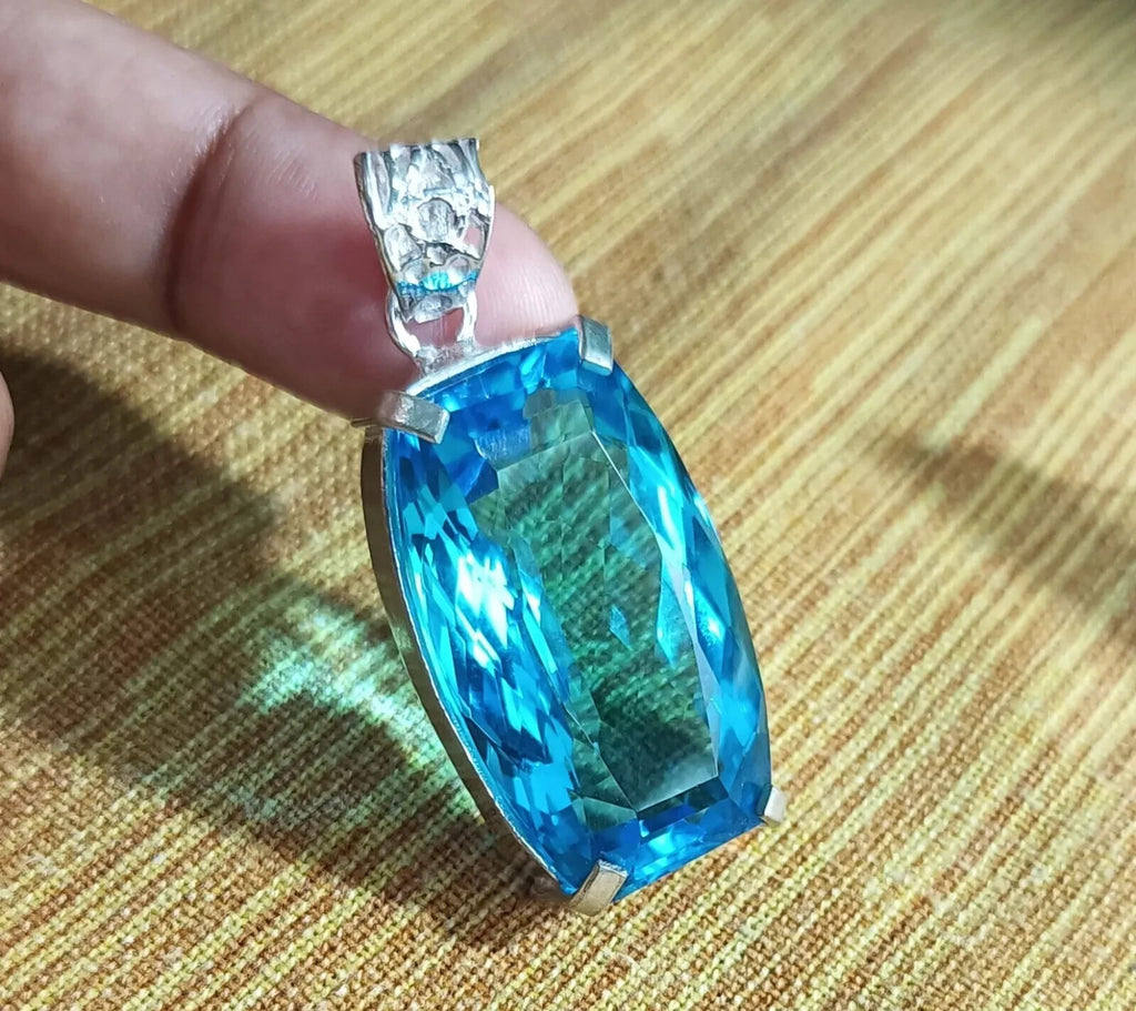 69.75 Ct Certified Lab-Created Blue Topaz 925 Solid Silver Pendant Gemstone