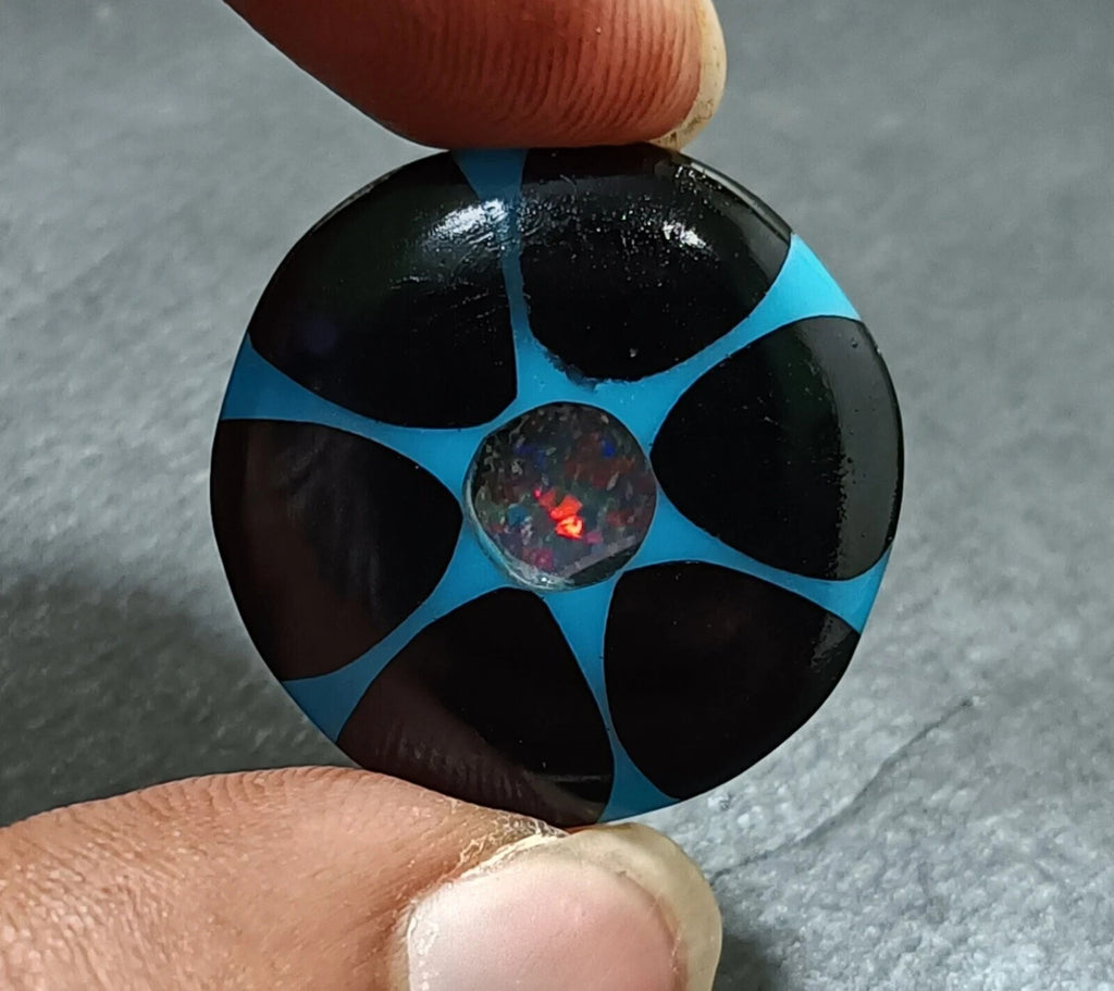 22.80 Ct Black &Blue Onyx Trapiche Fire Opal Inside Round Cut Loose Gemstone