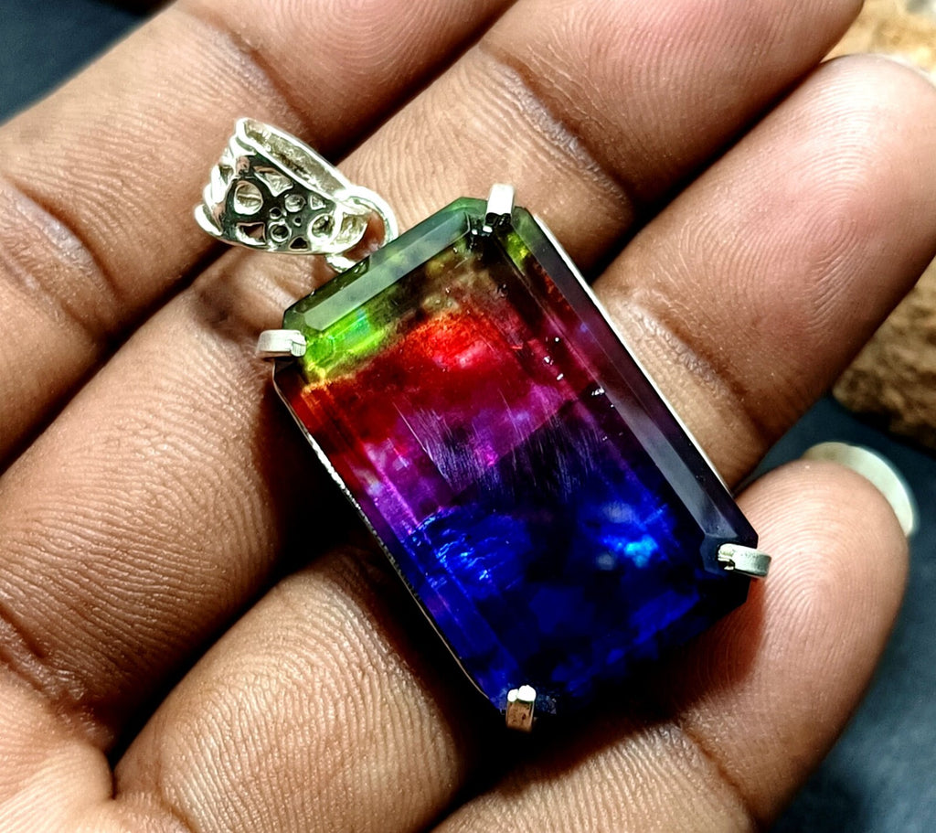 Certified 61.40Ct Natural Ammolite 925 Silver Emerald Cut Pendant Loose Gemstone