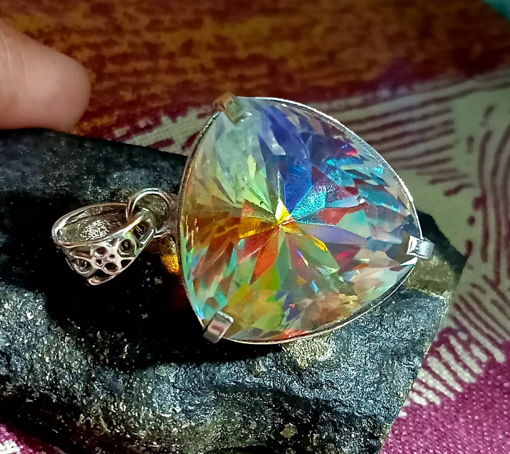 90.60 Ct+ Mystic Topaz Trillion Cut Sterling Silver Rainbow Pendant Gemstone