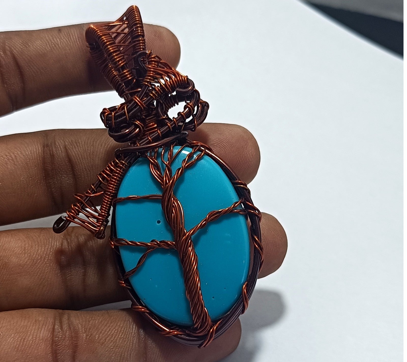 92.95 Ct Certified GIE Tree Of Life Turquise Copper Wire Jewelry HandmadePendant