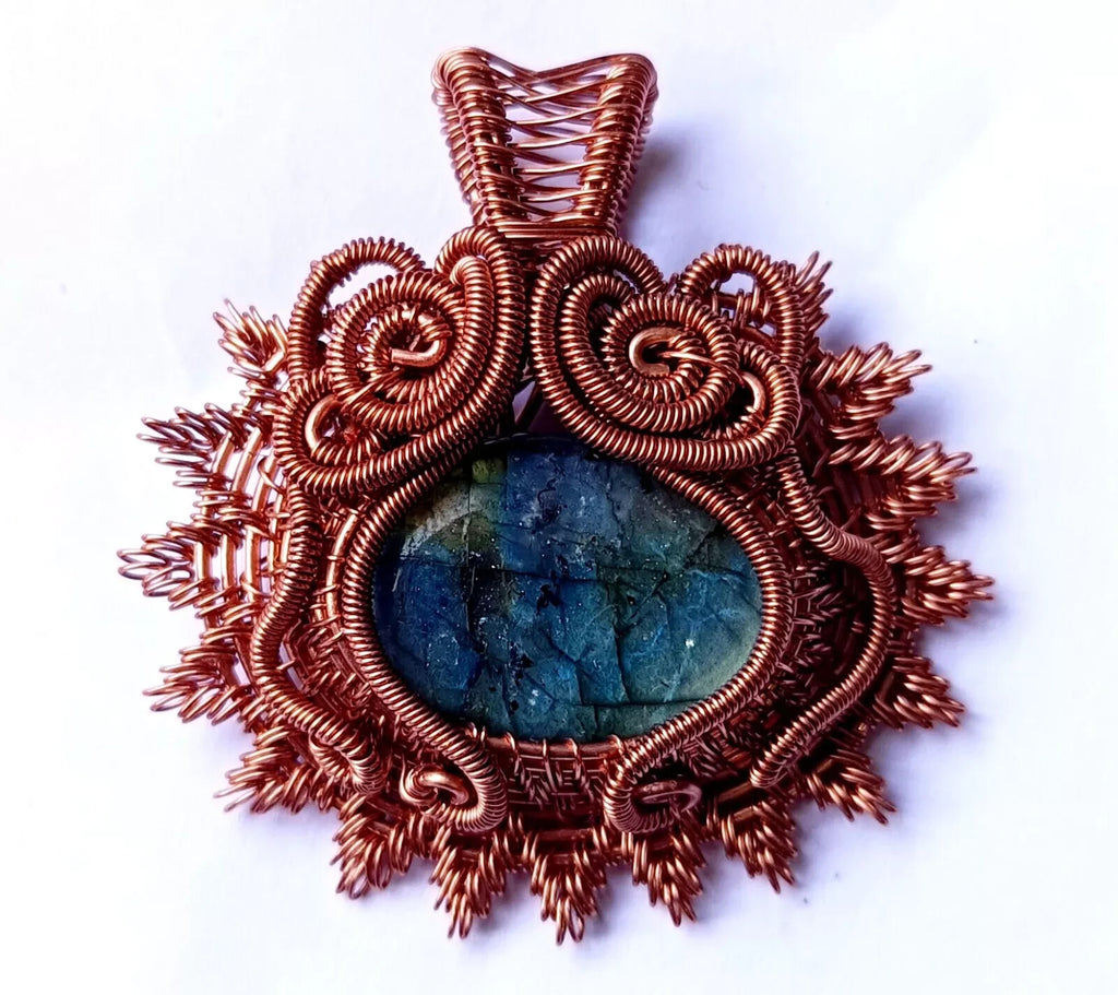 109.5 Ct Labradorite Wire Wrapped Pendant Handcrafted Copper Ethnic Gift 1.97"
