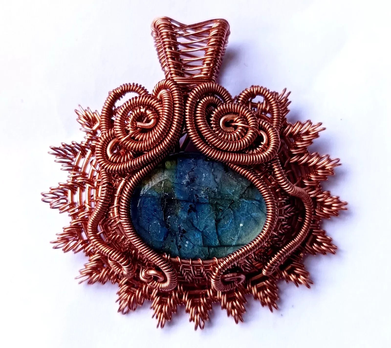 109.5 Ct Labradorite Wire Wrapped Pendant Handcrafted Copper Ethnic Gift 1.97"