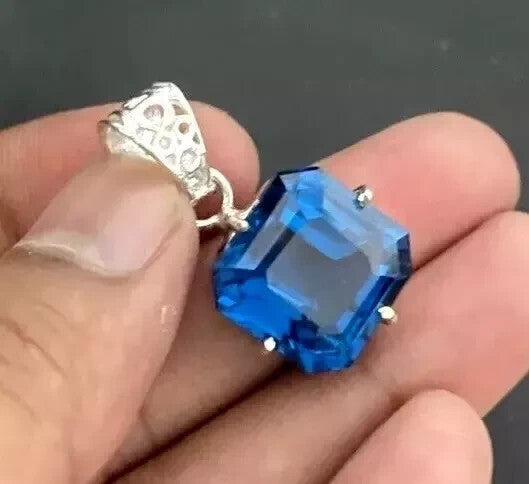 Certified 34 Ct Natural Blue Sapphire Asscher 925 Silver Pendant Loose Gemstone