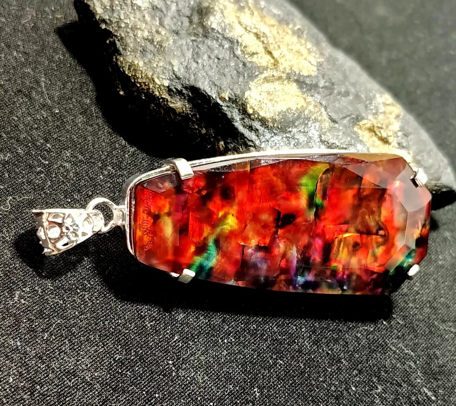 Certified 92.50 Ct Natural Ammolite 925 Solid Silver Rainbow Pendant Gemstone