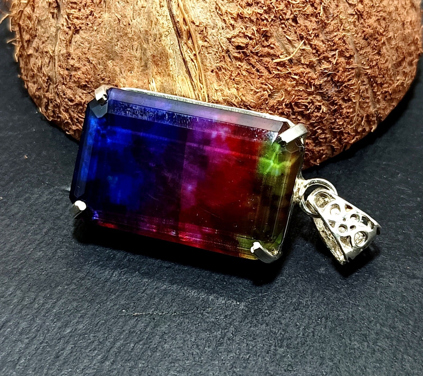 Certified 61.40Ct Natural Ammolite 925 Silver Emerald Cut Pendant Loose Gemstone