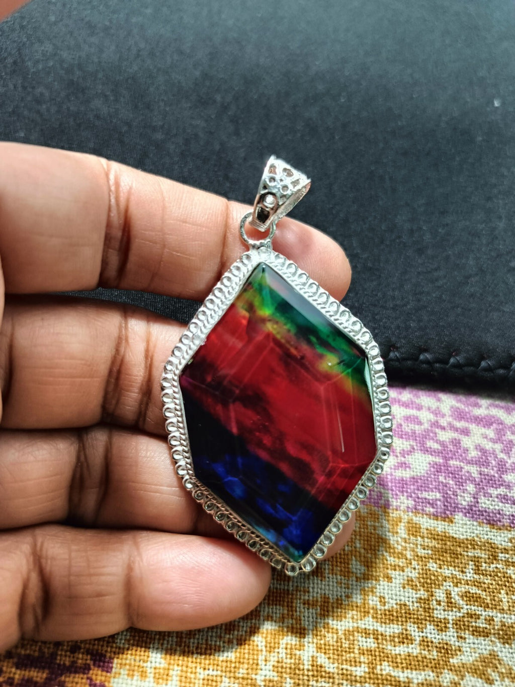 Certified Fancy Cut 98.15 Ct Natural Ammolite 925 Solid Silver Pendant Gemstone