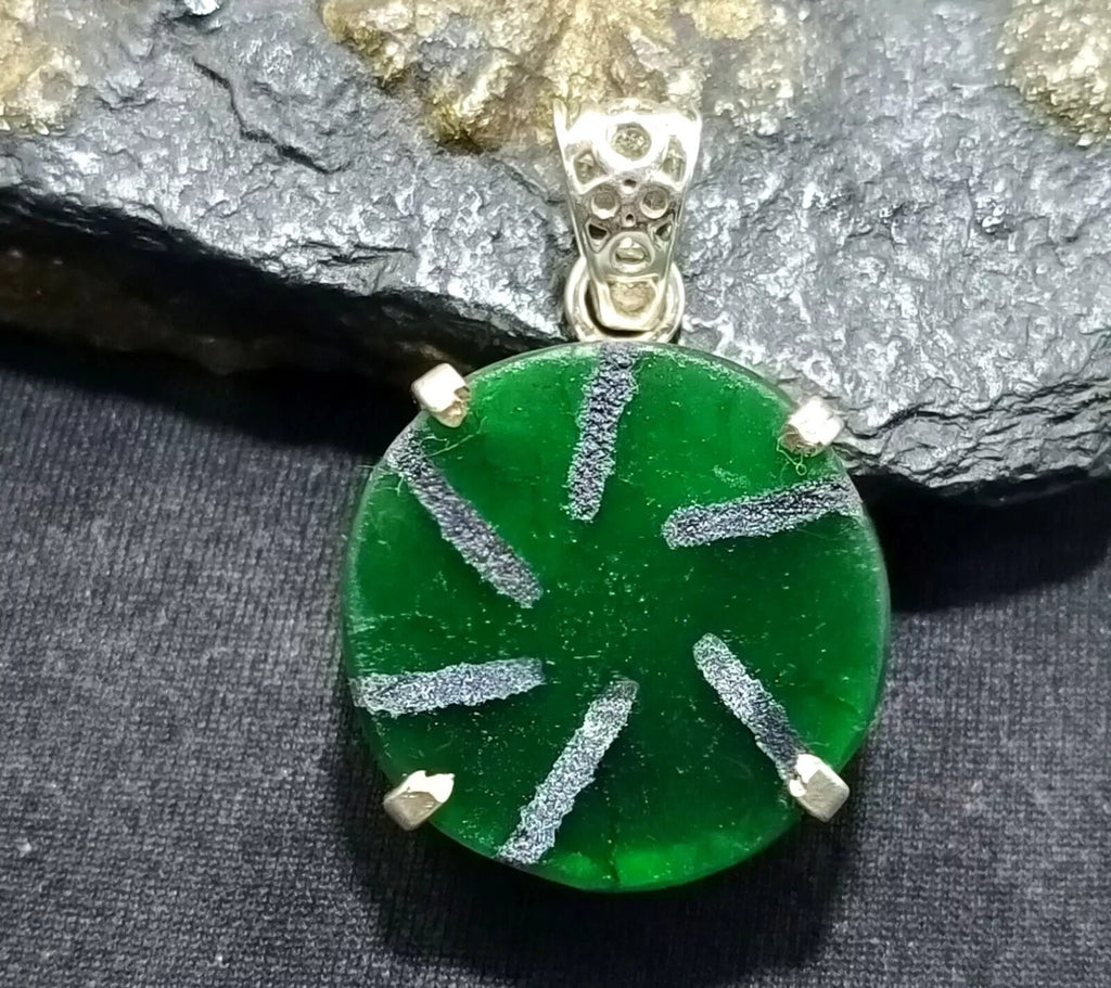 57.90Ct Natural Emerald Trapiche Solid Silver Round Pendant CERTIFIED Gemstone