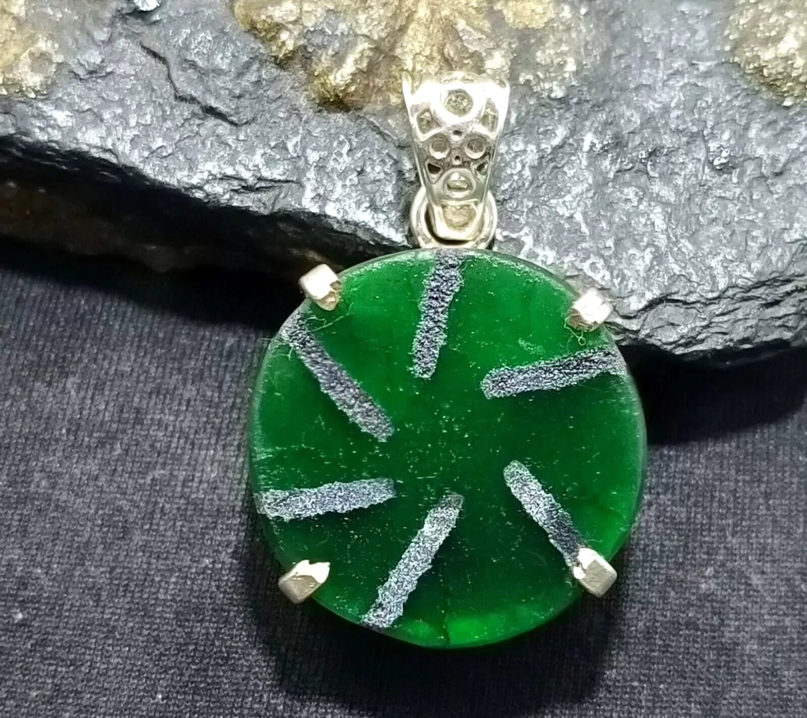 57.90Ct Natural Emerald Trapiche Solid Silver Round Pendant CERTIFIED Gemstone