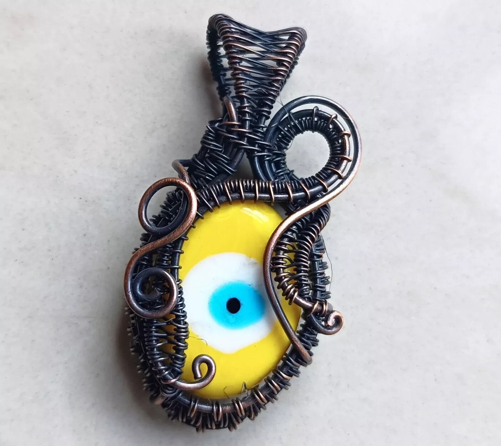 117.85 CT Yellow Evil Eye Gemstone Copper Wire Wrapped Pendant Gift For Mom