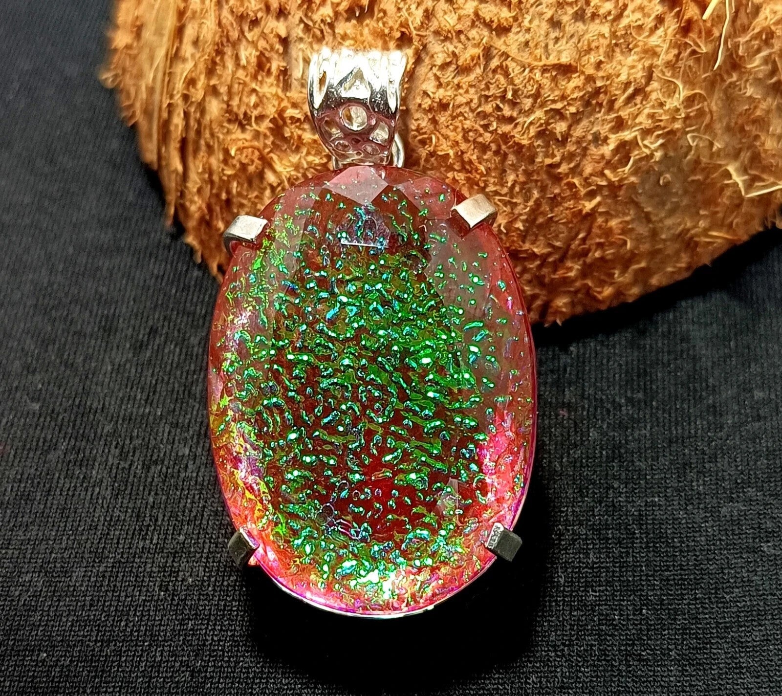 112.90 Ct Natural Oval Monarch Fire Opal Doublet Solid Silver Pendant Gemstone