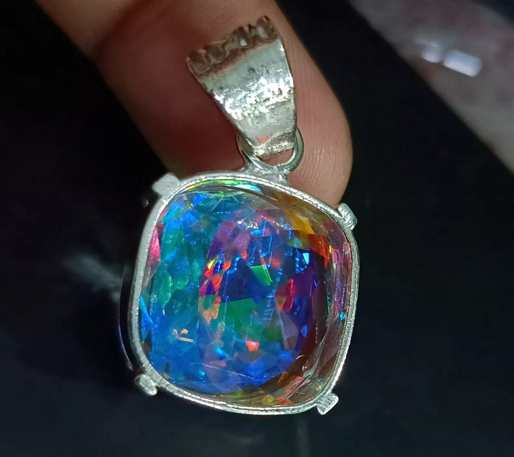 49.25 Ct Natural Cushion Mystic 925 Solid Silver Rainbow Pendant Loose Gemstone