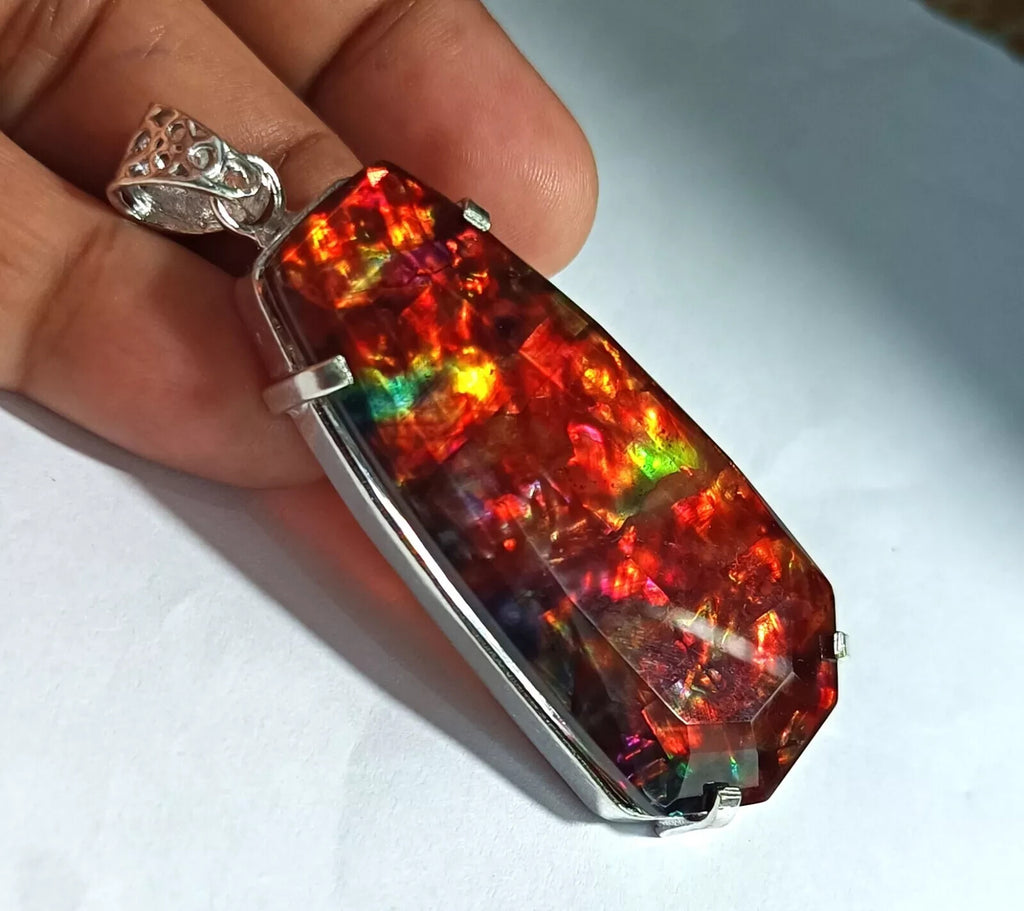 Certified 92.50 Ct Natural Ammolite 925 Solid Silver Rainbow Pendant Gemstone