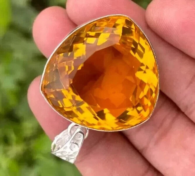 101.90 Ct Natural Yellow Citrine Trillion in Solid Silver Pendant Gemstone