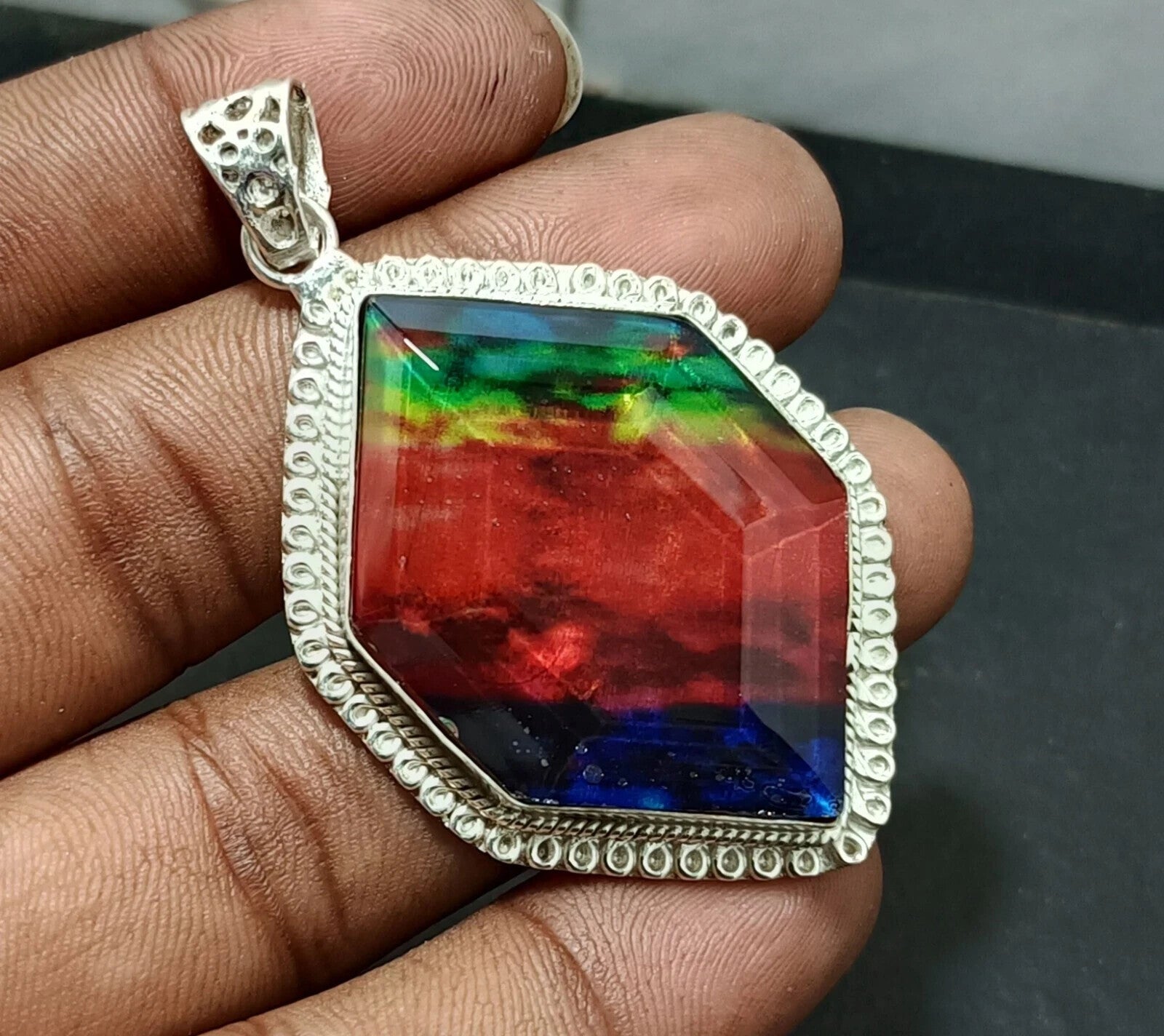 Certified 87.85 Ct Natural Ammolite 925 Solid Silver Fancy Cut Pendant Gemstone